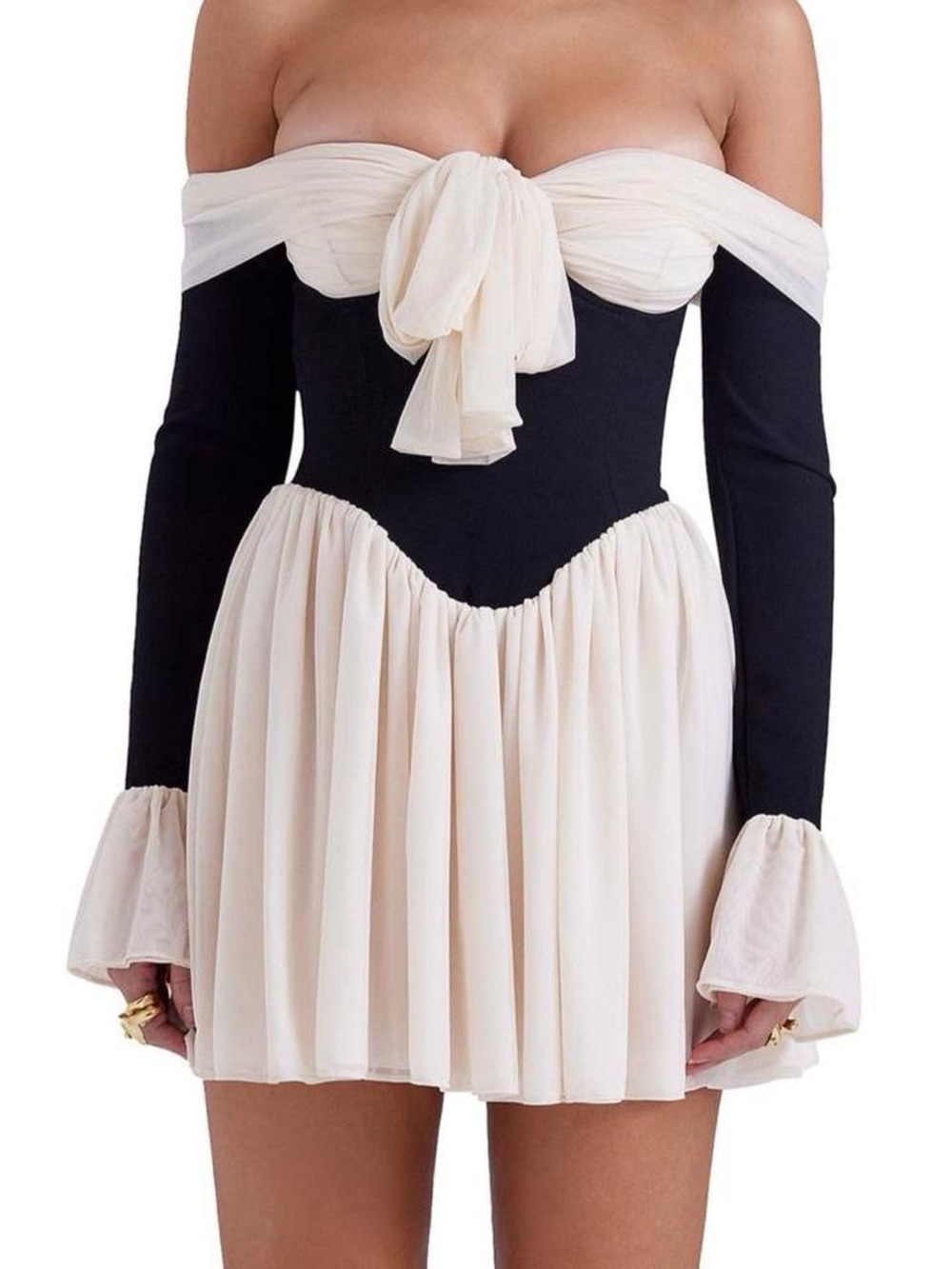 black and cream off shoulder basque waist elegant mini dress 🦢🖤